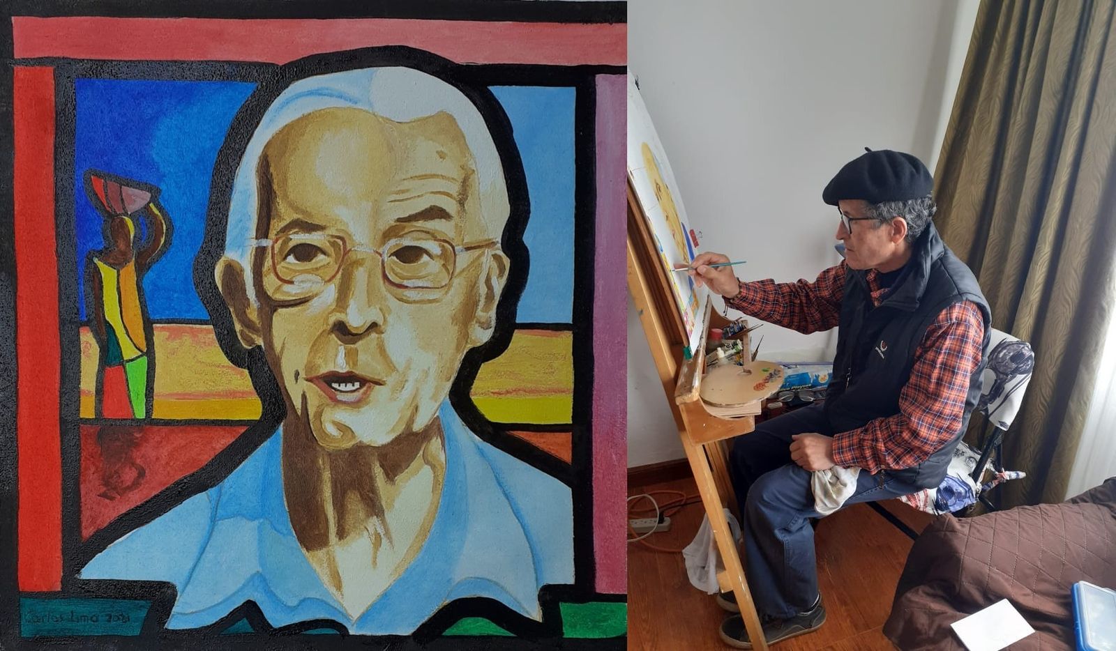 Ícono de Pedro Casaldáliga hecho por el artista colombiano Carlos Lima (der.)