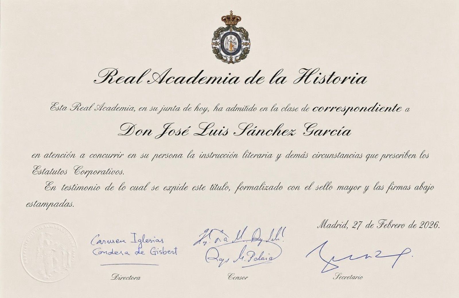 Credencial de Académico Correspondiente otorgado a D. José Luis Sánchez García