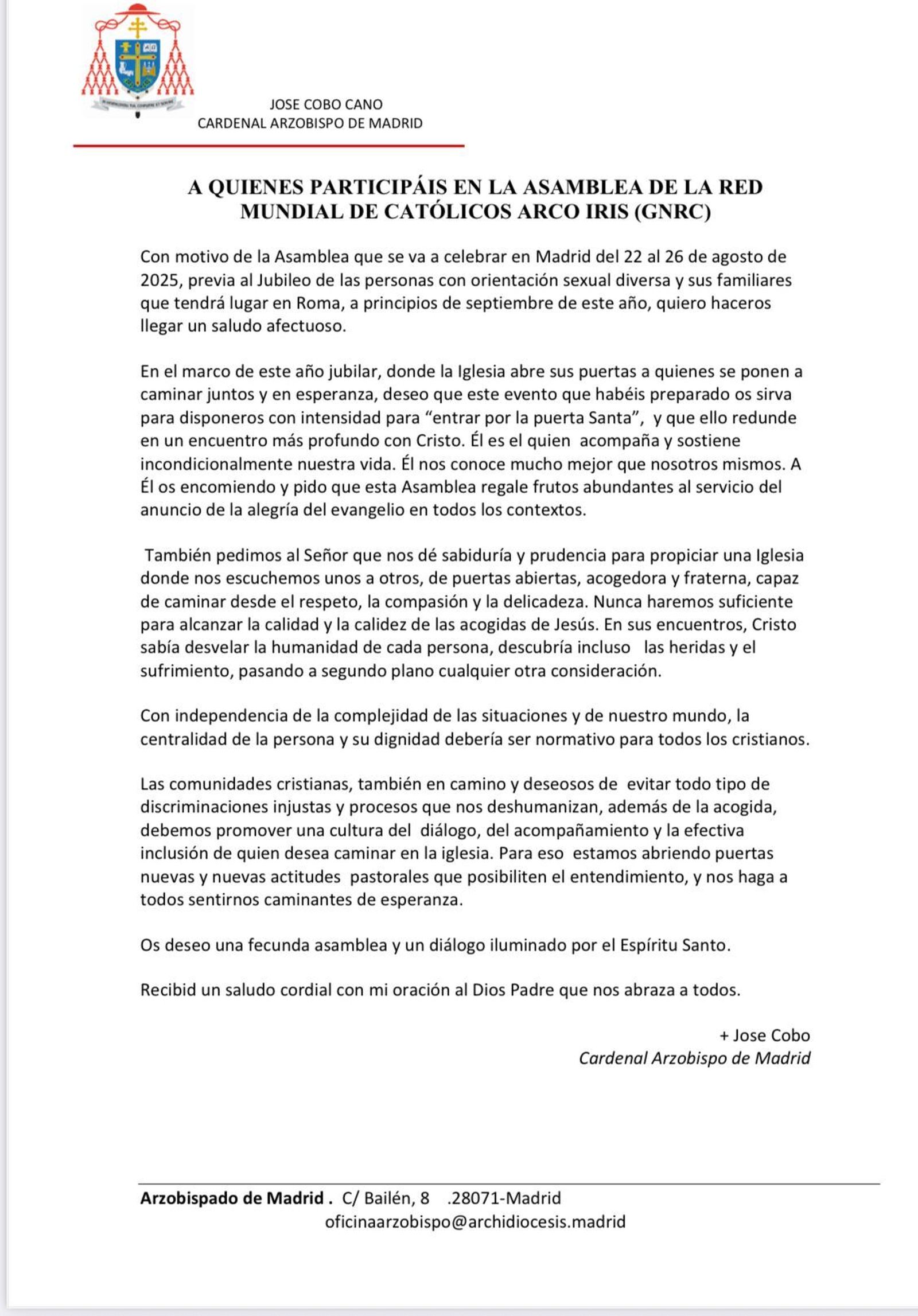 Carta a la Asamblea de la Red Mundial de Católicos ArcoIris