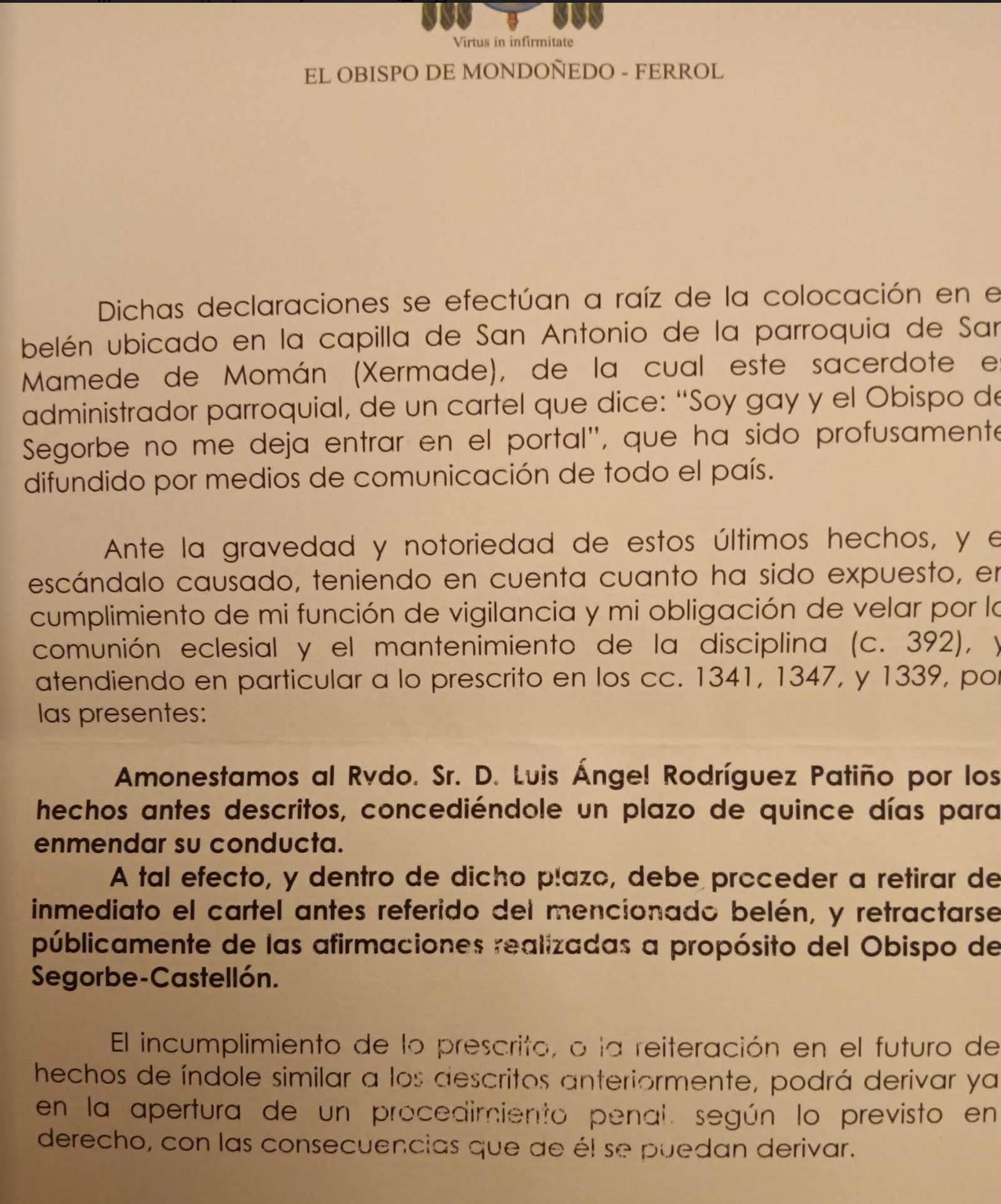 Amonestación al cura Patiño