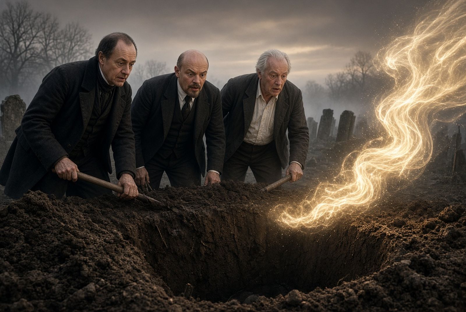 Comte, Lenin y Dawkins. Imagen generada con IA.