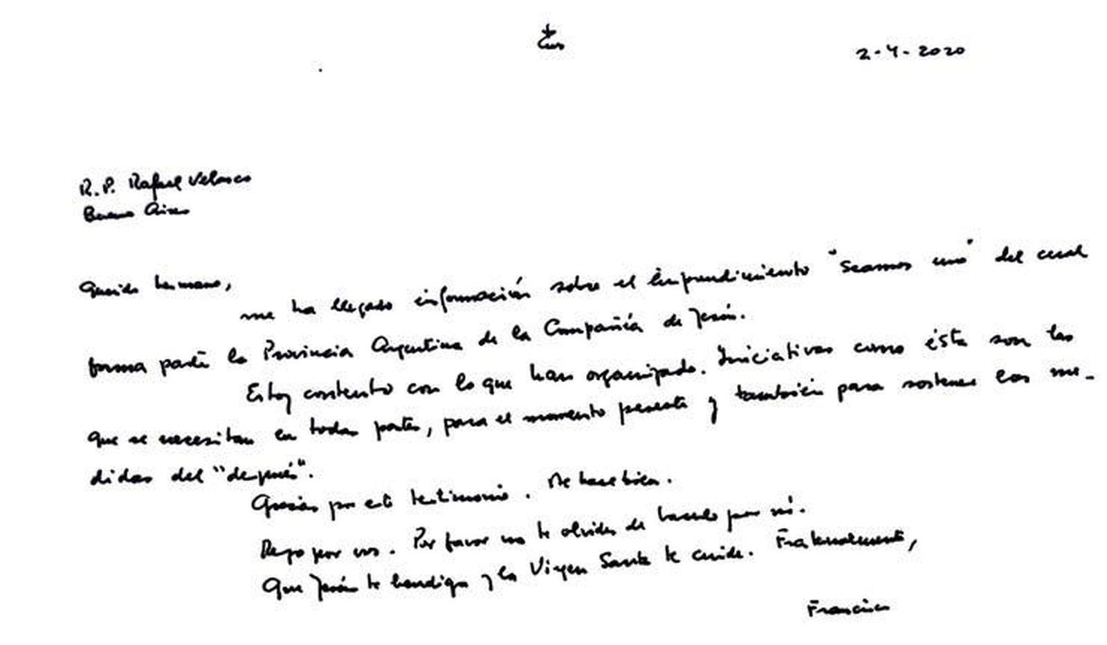 Carta de Francisco apoyando la campaña