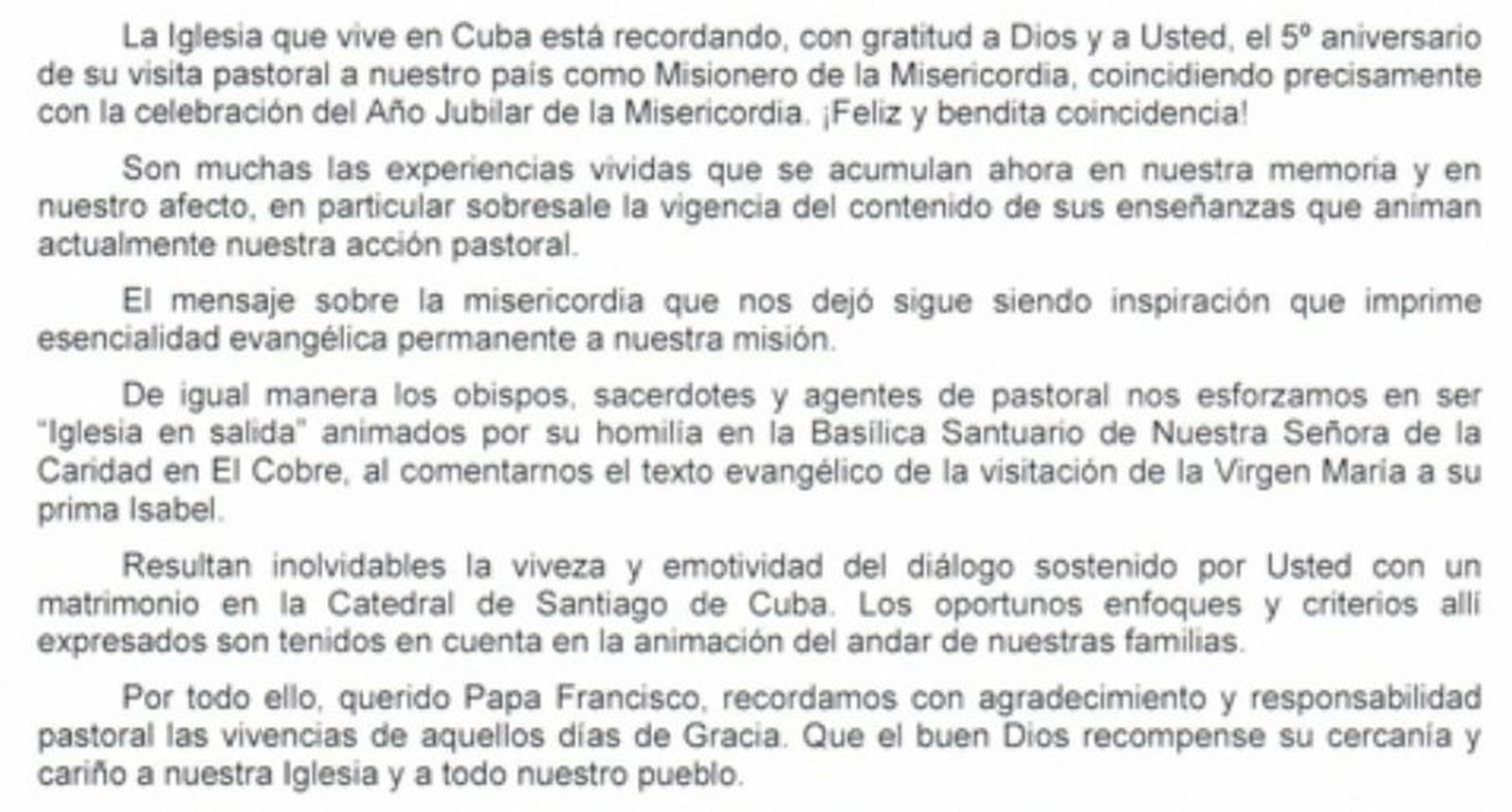 Parte de la carta del episcopado cubano