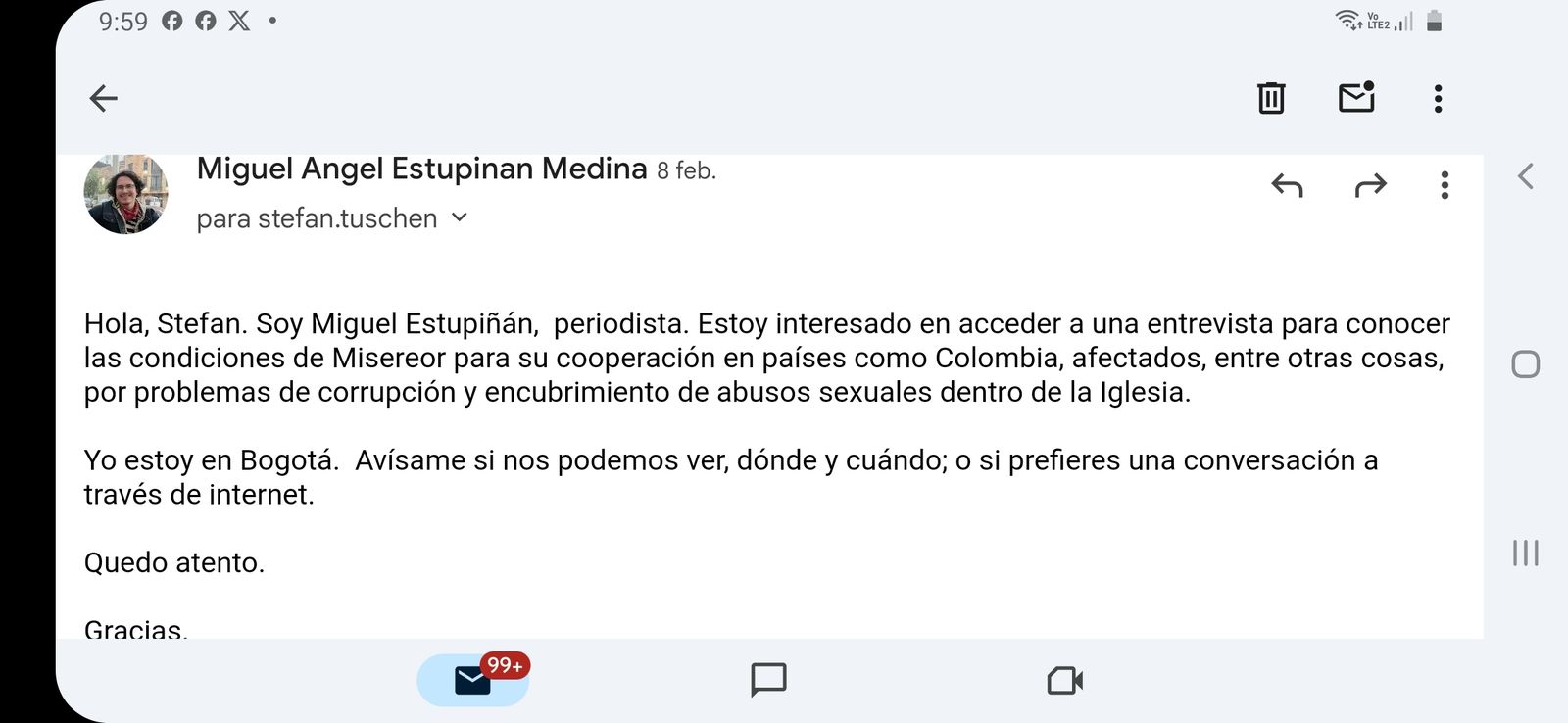Email enviado a Misereor para alertar sobre los hallazgos de la investigación
