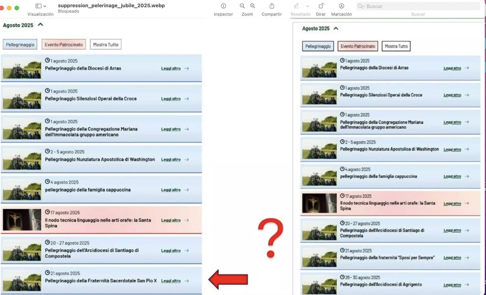 La captura de pantalla de la eliminación de la mención a la peregrinación al Jubileo de la FSSPX