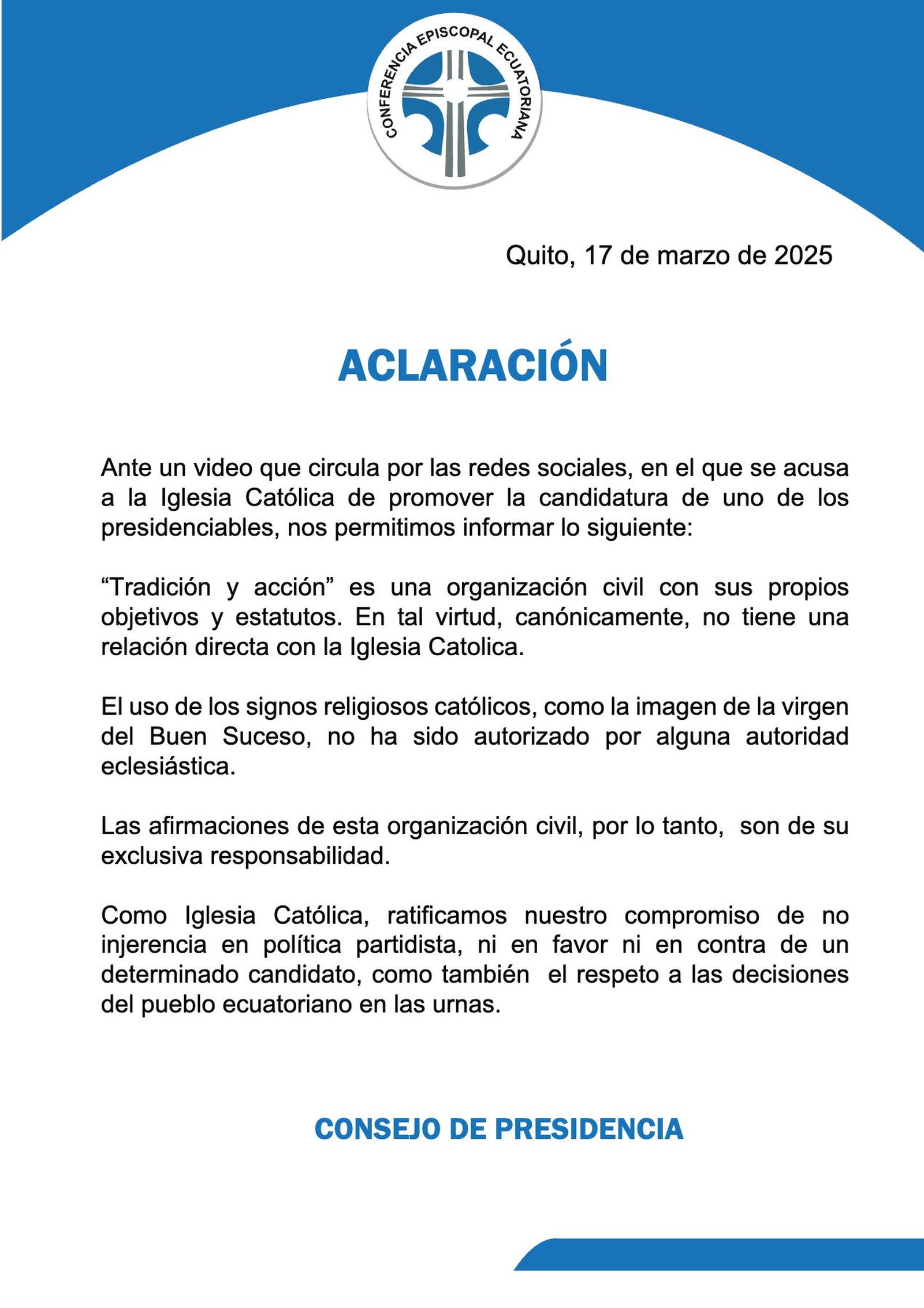 Nota Iglesia católica de ecuador