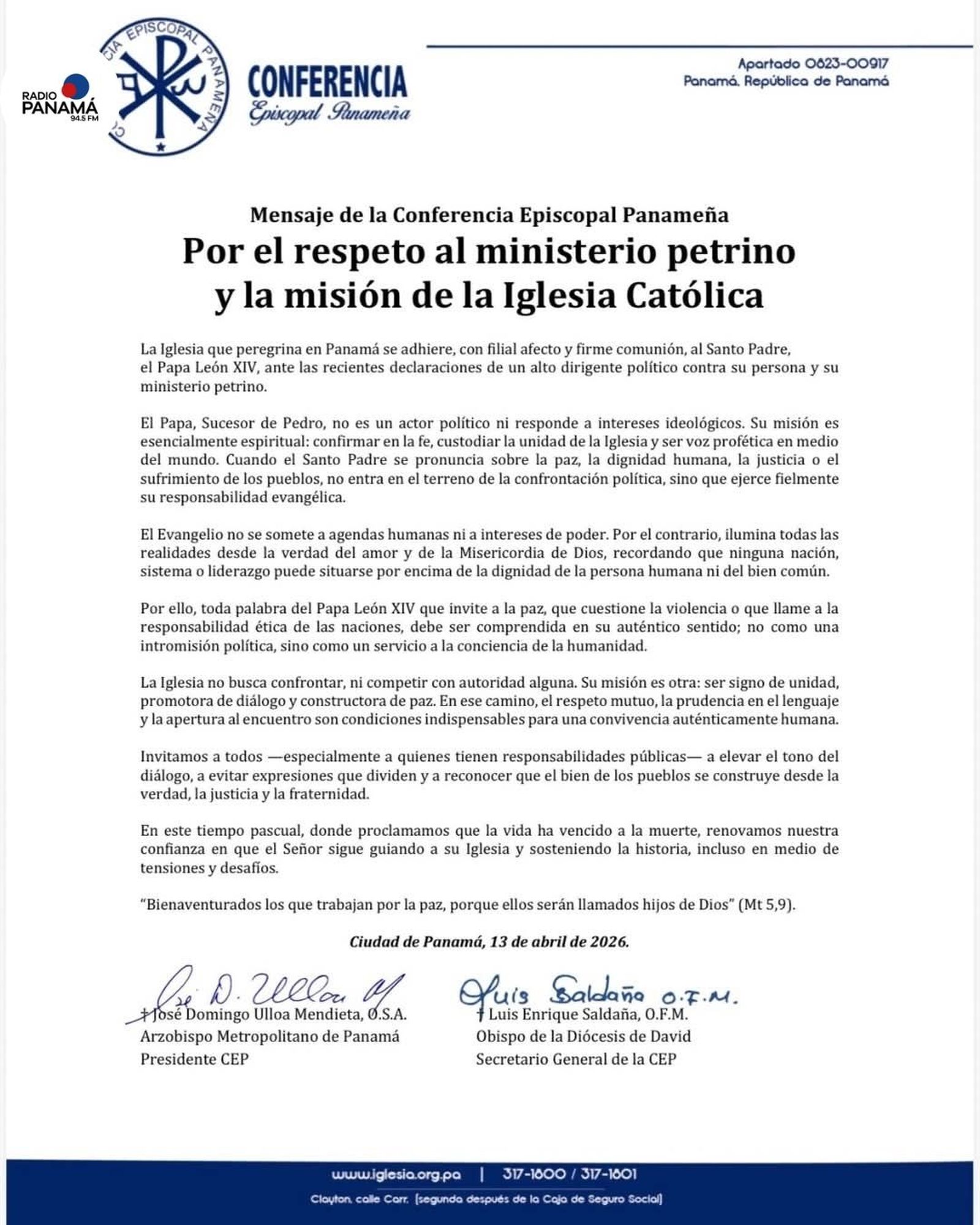 Comunicado del episcopado panameño