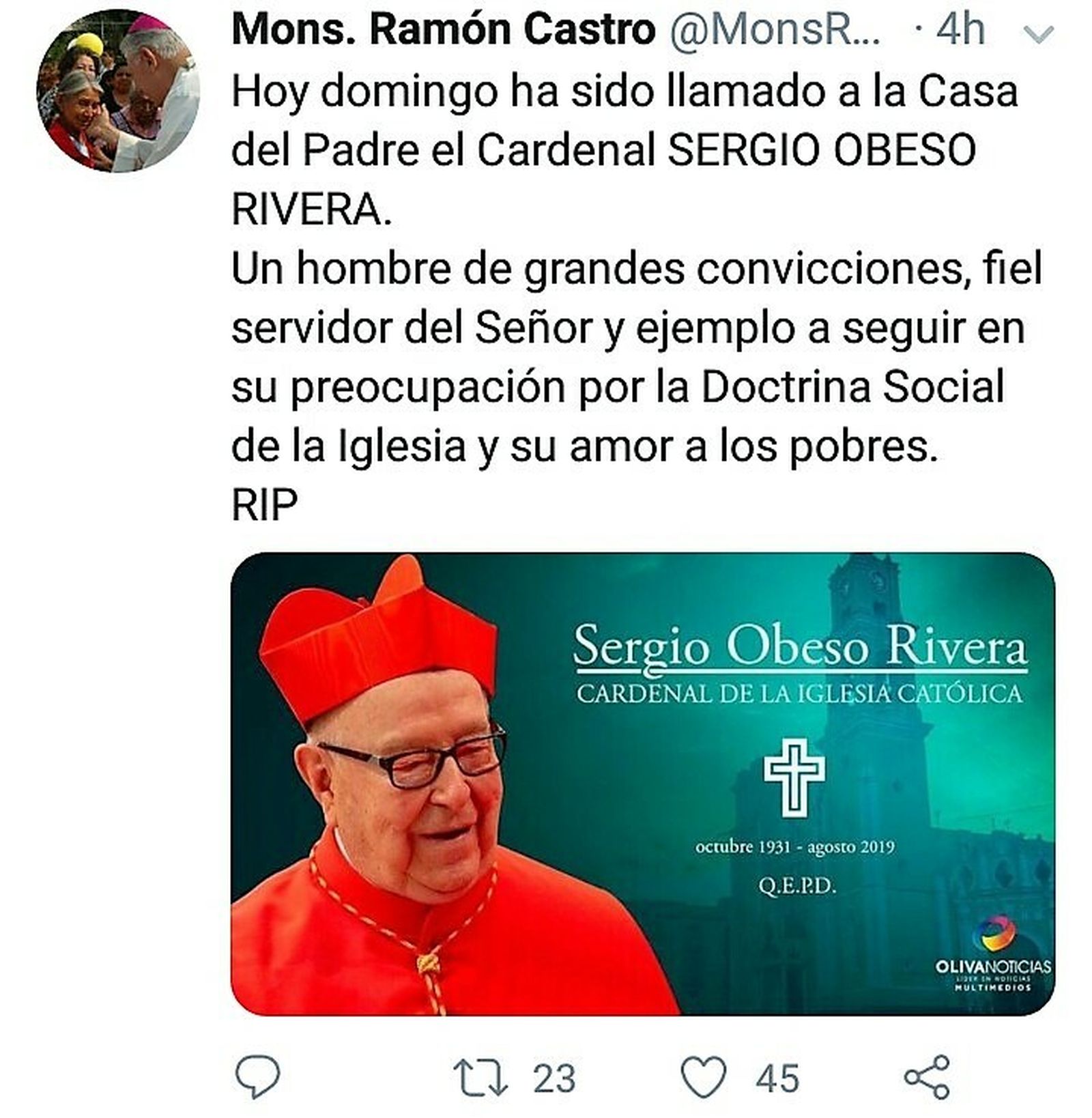Obispo de Cuernavaca. Cardenal, ejemplo a seguir.
