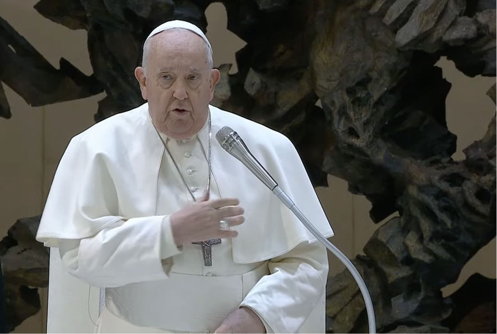 Francisco hace la señal de la cruz al comienzo de la audiencia