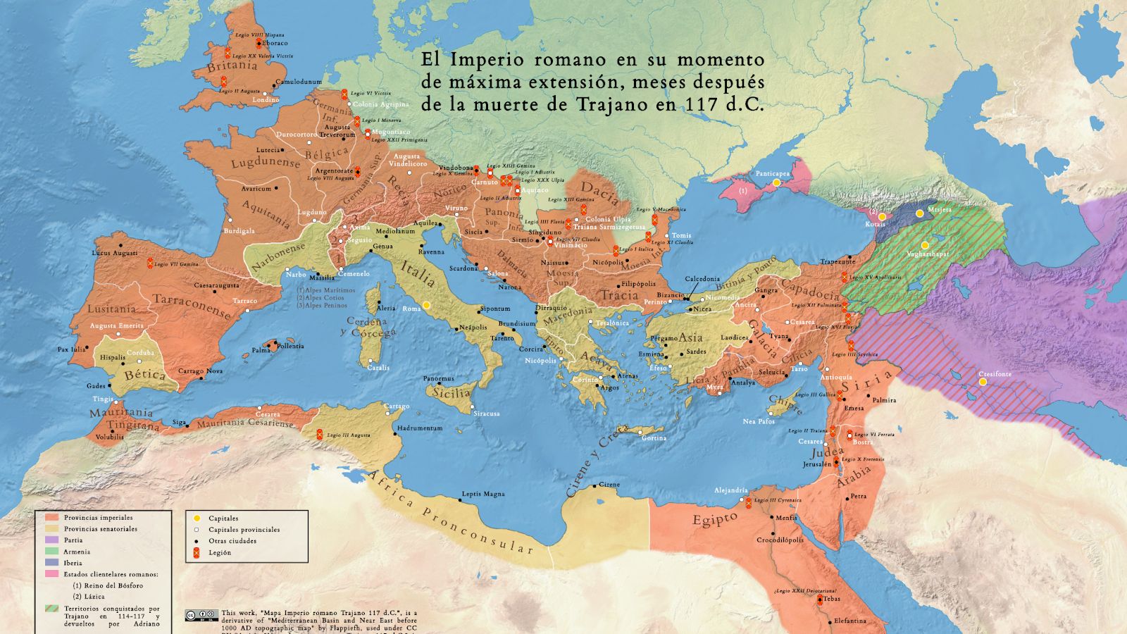 El Imperio Romano en su máxima extensión (117 d.C.)