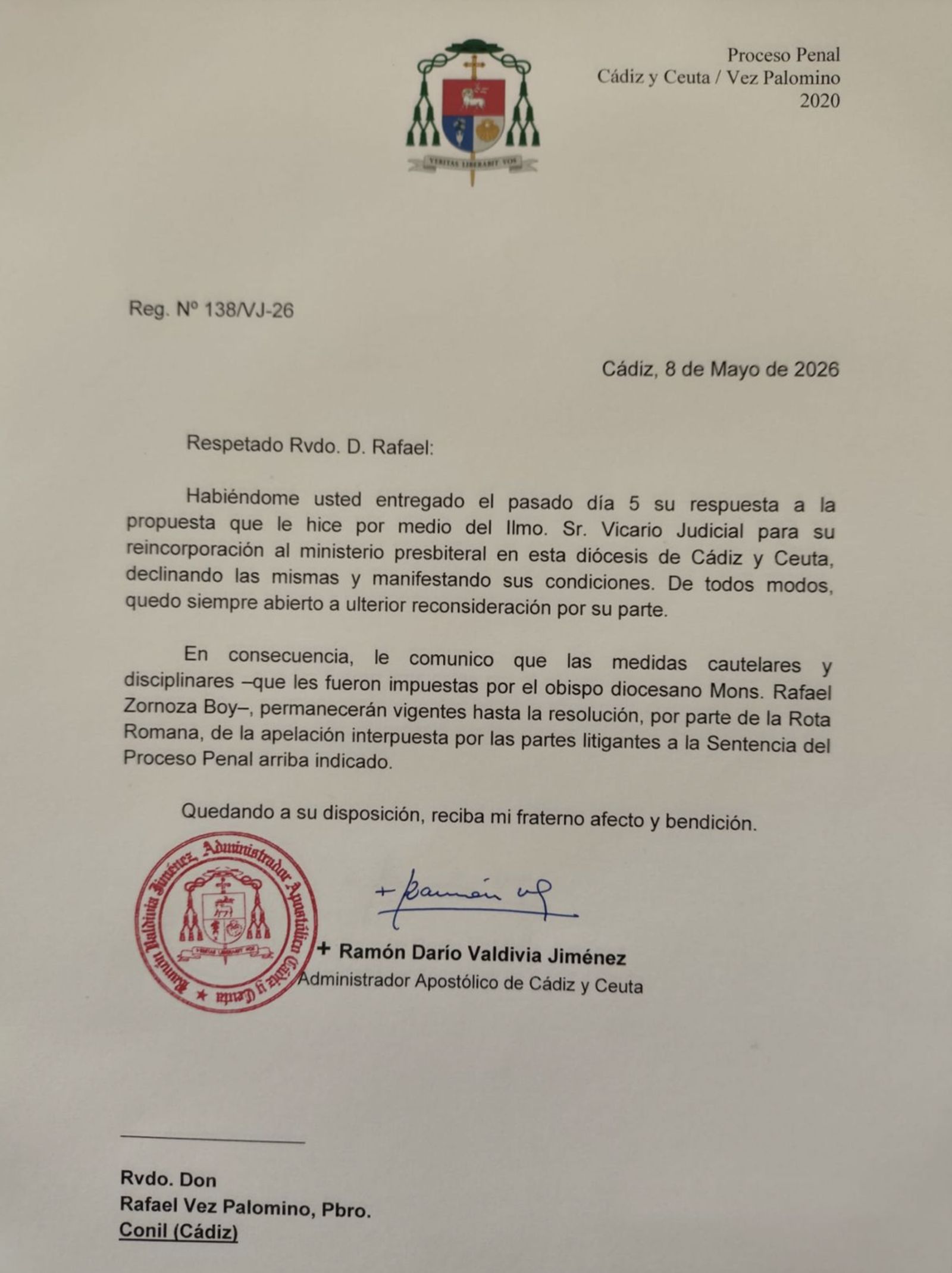 Respuesta de monseñor Valdivia a Rafael Vez