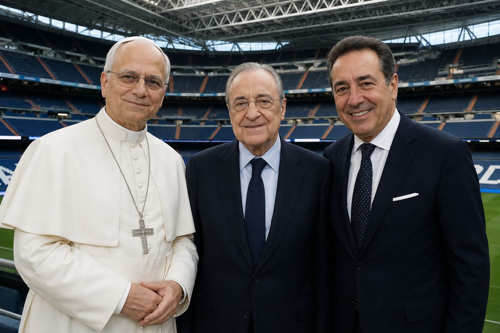 León XIV, con Florentino y Riquelme en el Bernabéu
