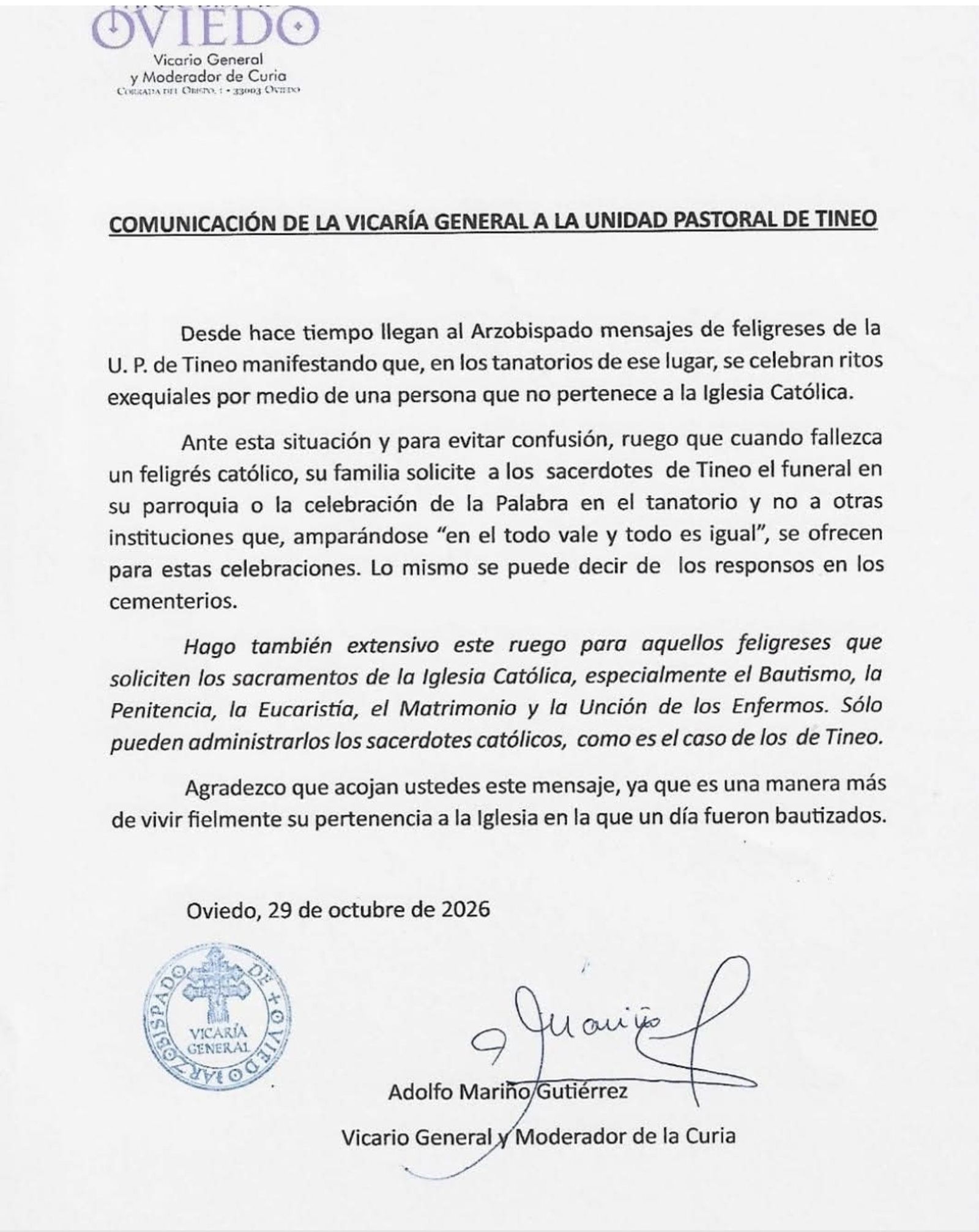Comunicado Oficial del Arzobispado de Oviedo