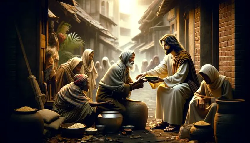 Representación artística de Jesucristo ofreciendo alimento y compasión a una persona necesitada