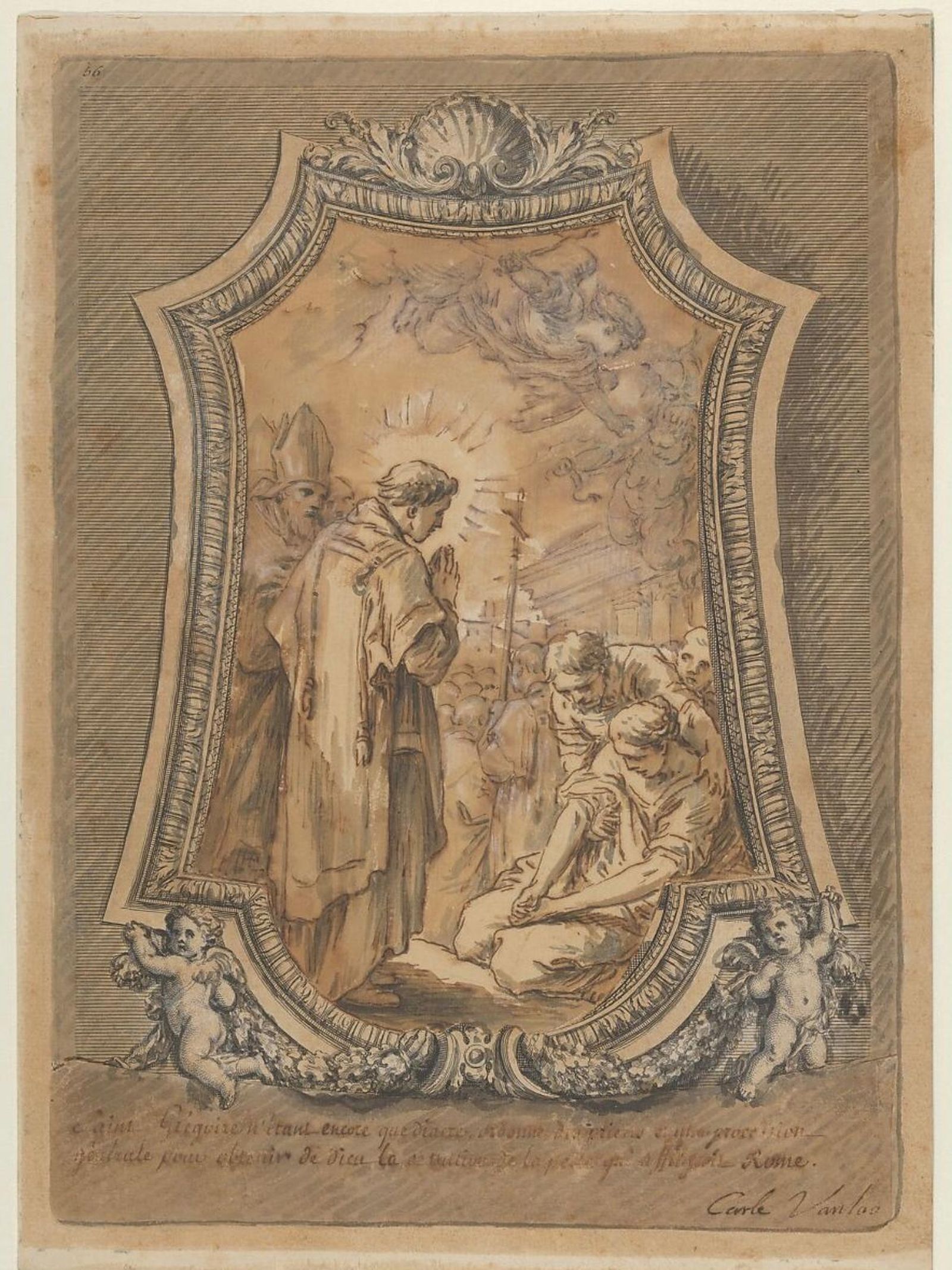 San Gregorio como diácono dirigiendo oraciones y procesiones para el cese de la peste. Carle (Charles André) Vanloo