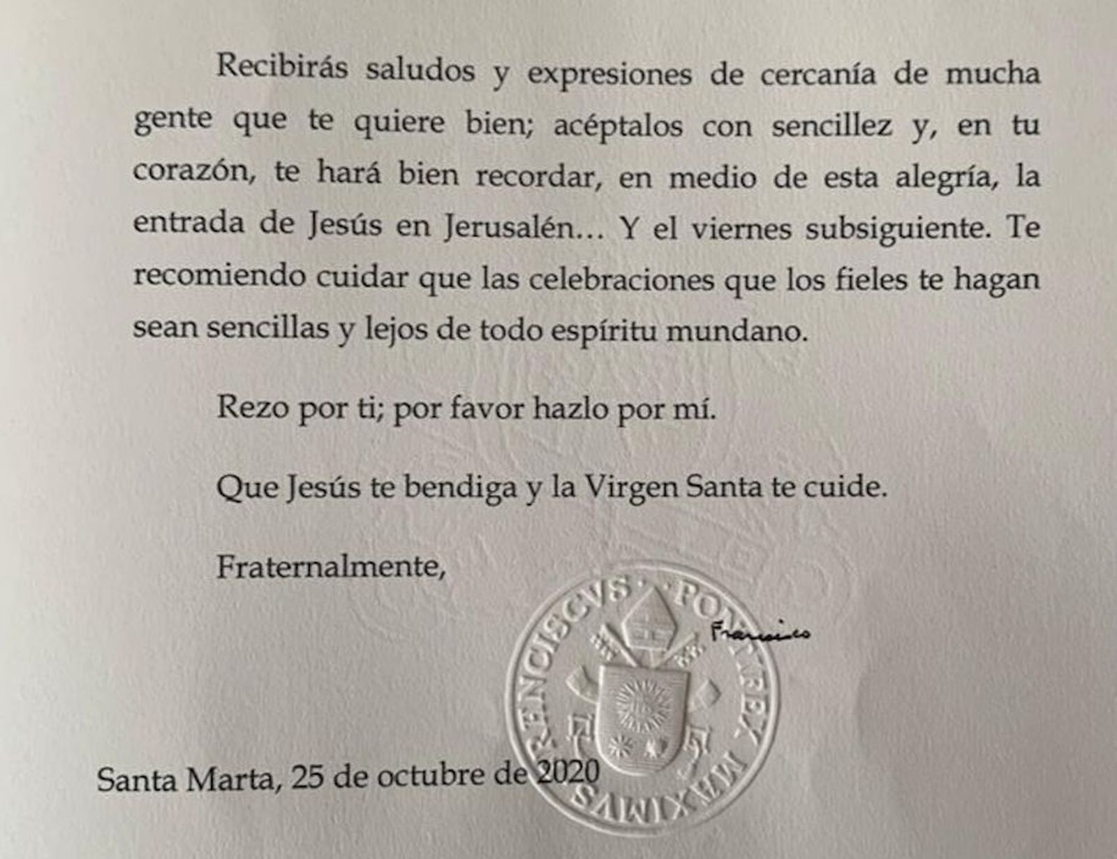 Carta del Papa a Arizmendi