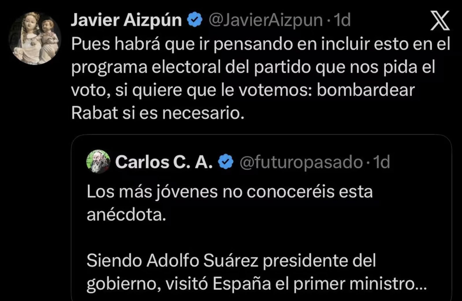 Captura del tuit de Javier Aizpún recogido por la Cadena SER
