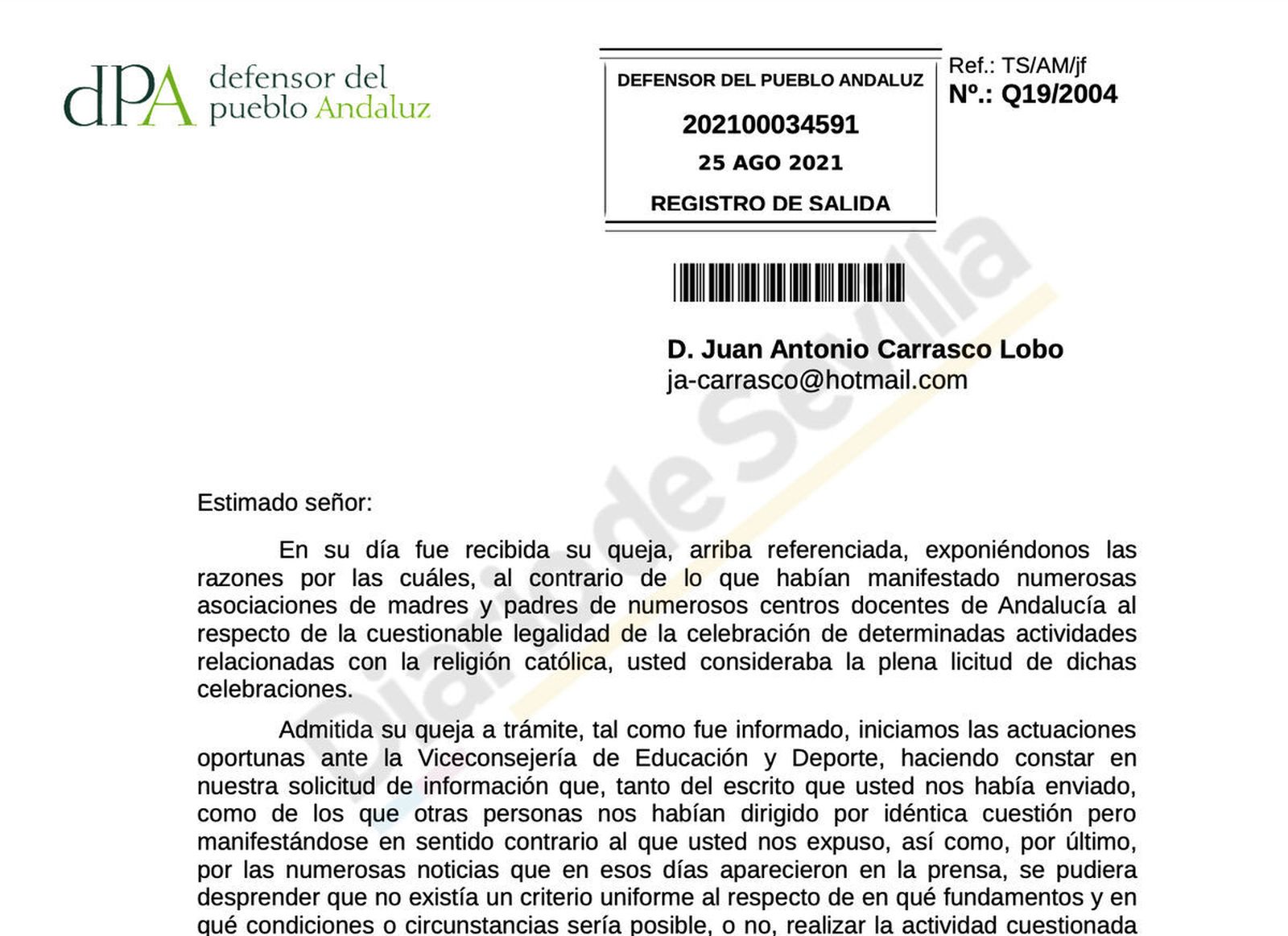 Carta de Jesús Maeztu en respuesta a Juan Carrasco.