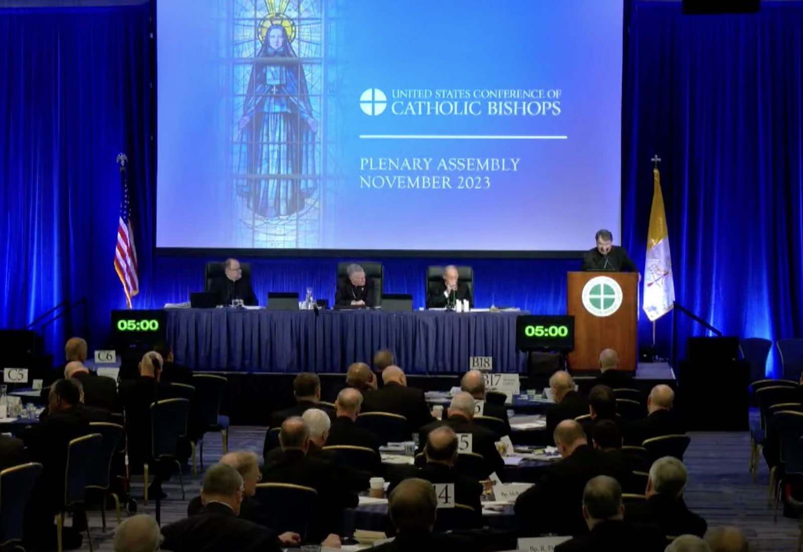 Un momento del discurso de Christophe Pierre ante la plenaria de los obispos USA