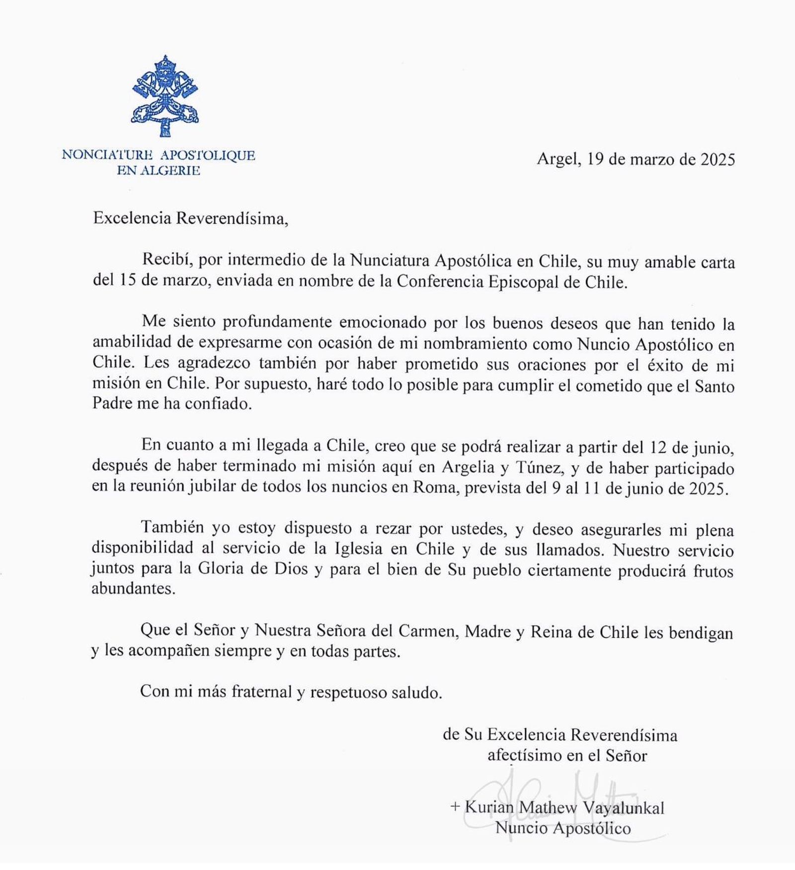Carta del nuncio Chile