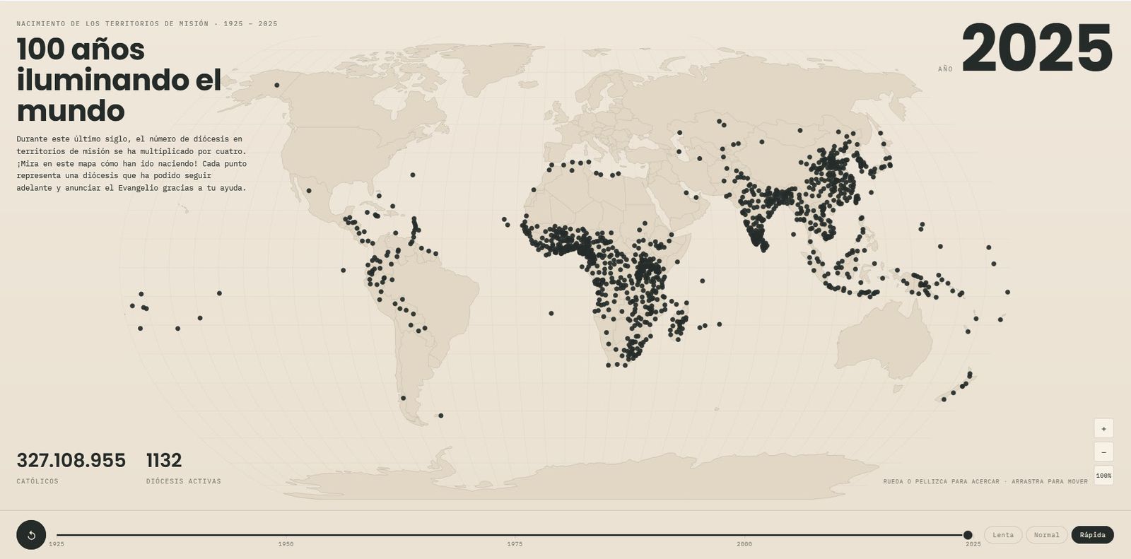 Imagen del mapa mundi interactivo que permite conocer la 'explosión misionera' en estos 100 años gracias al Domund