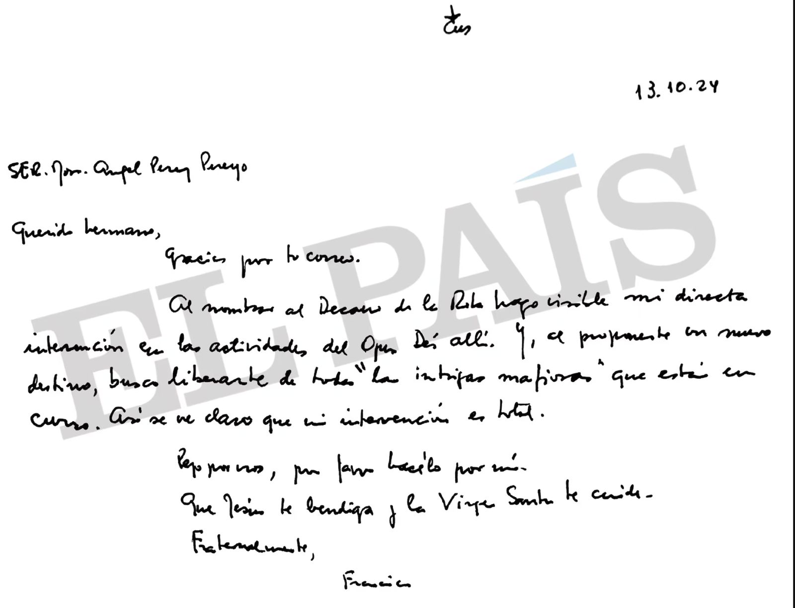 Una de las cartas que Francisco envió a Pérez Pueyo