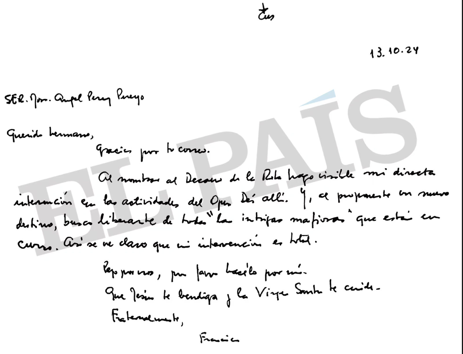 Una de las cartas que Francisco envió a Pérez Pueyo