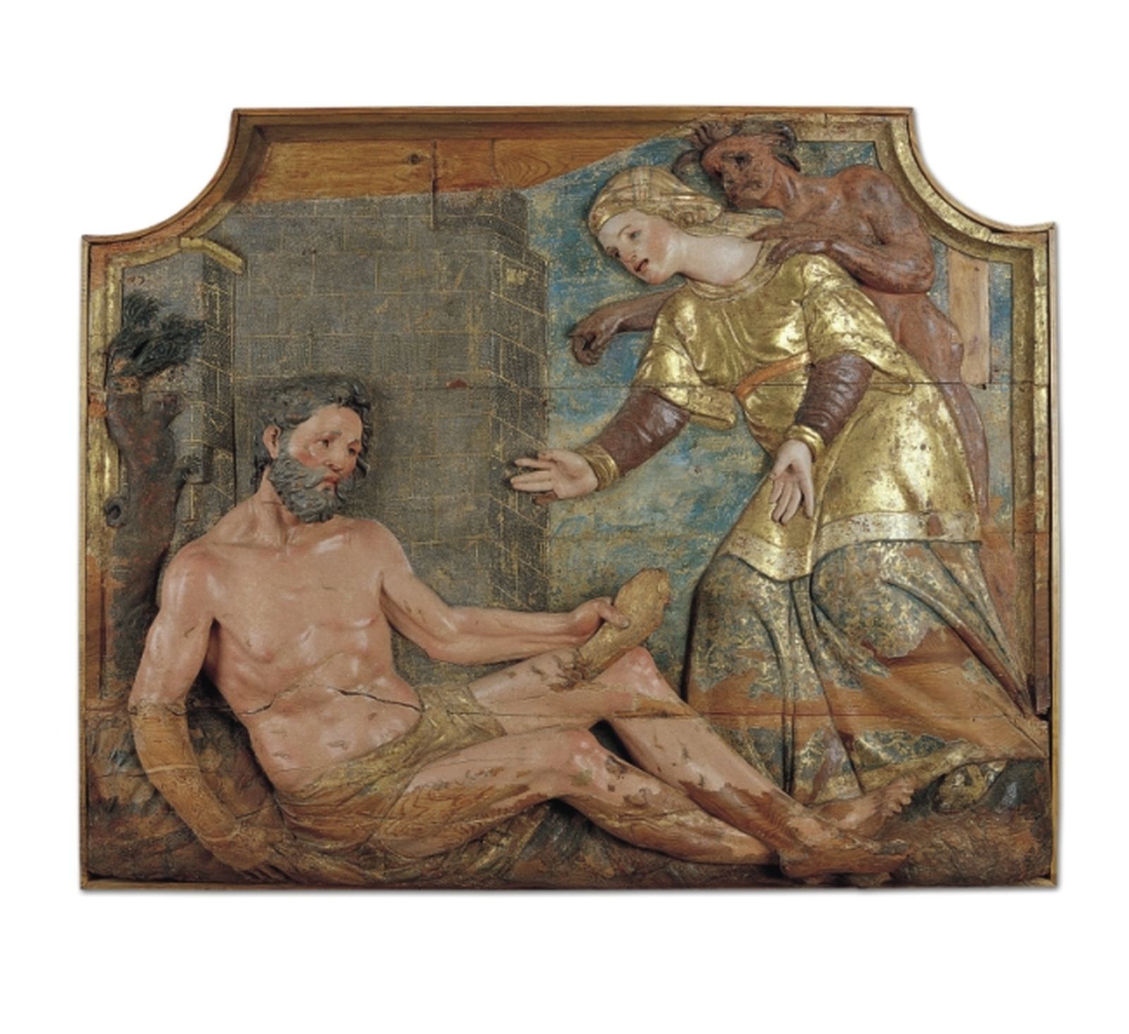 Job en el muladar injuriado por su esposa por Francisco Giralte ca. 1550.  Obra renacentista que se conserva en el Museo nacional de la escultura en Valladolid, España