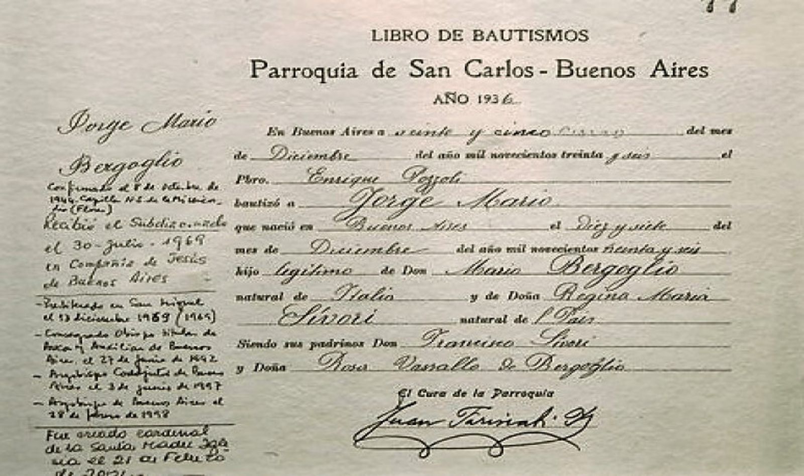 Partida de bautismo de Jorge Mario Bergoglio