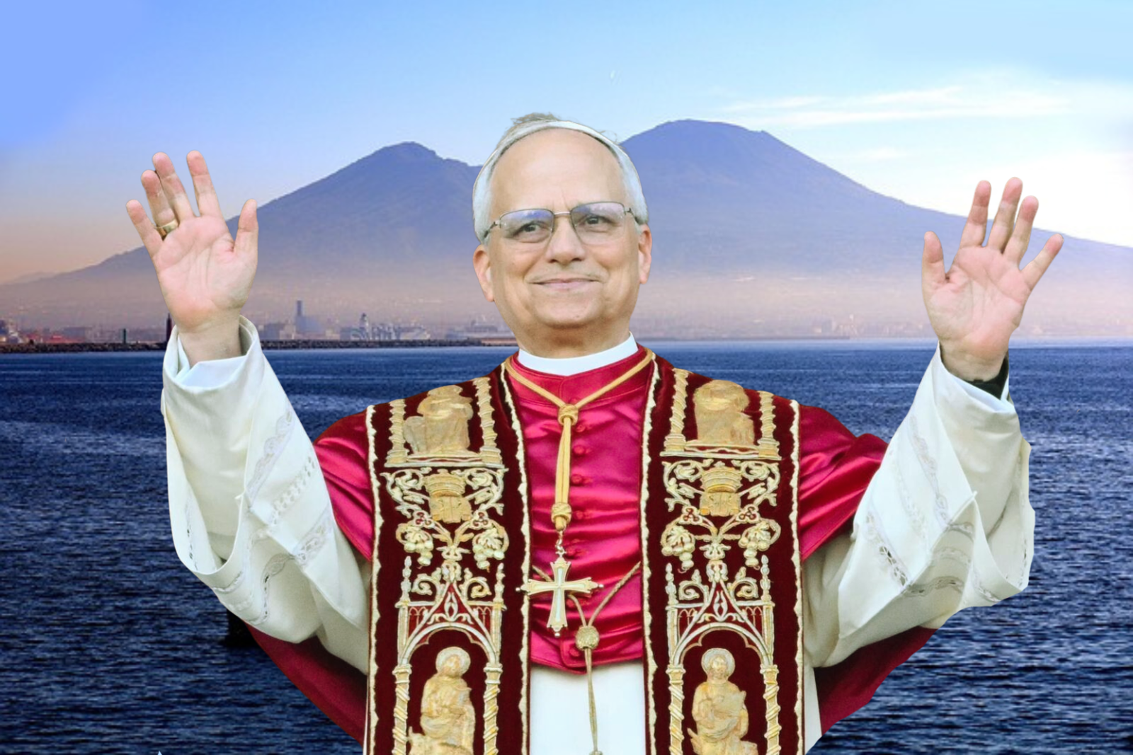 Imagen del Papa con el Vesubio al fondo