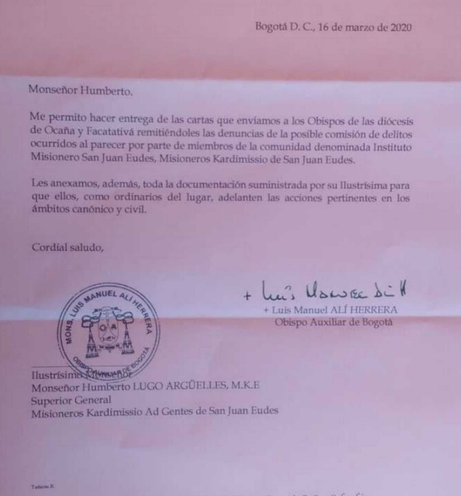 Alí admitió haber recibido las denuncias contra varios misioneros