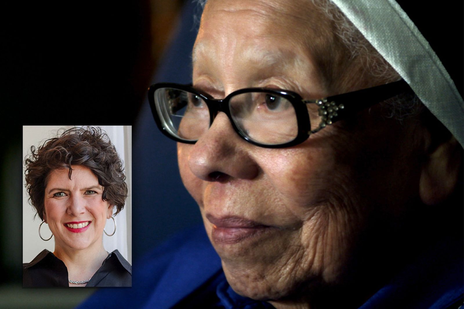 La Hna. María Rosa Legoll, de las Hermanas Escolares de San Francisco, en el documental With This Light [Con esta luz]; dentro: Nicole Bernardi-Reis, productora y codirectora de la película.