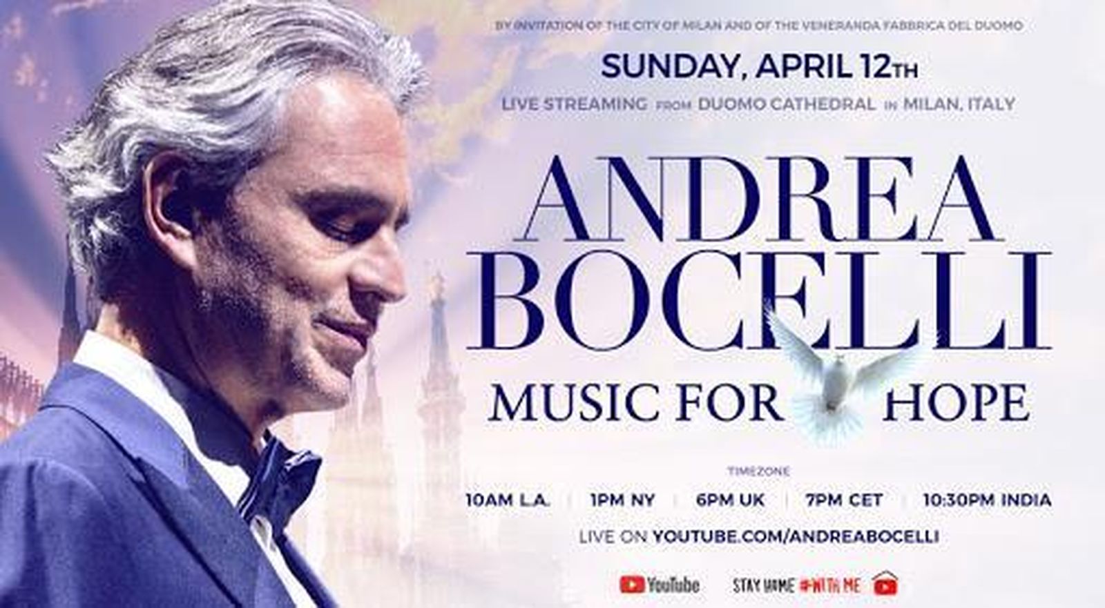 Andrea Bocelli dará un concierto el Domingo de Resurrección en la catedral de Milán