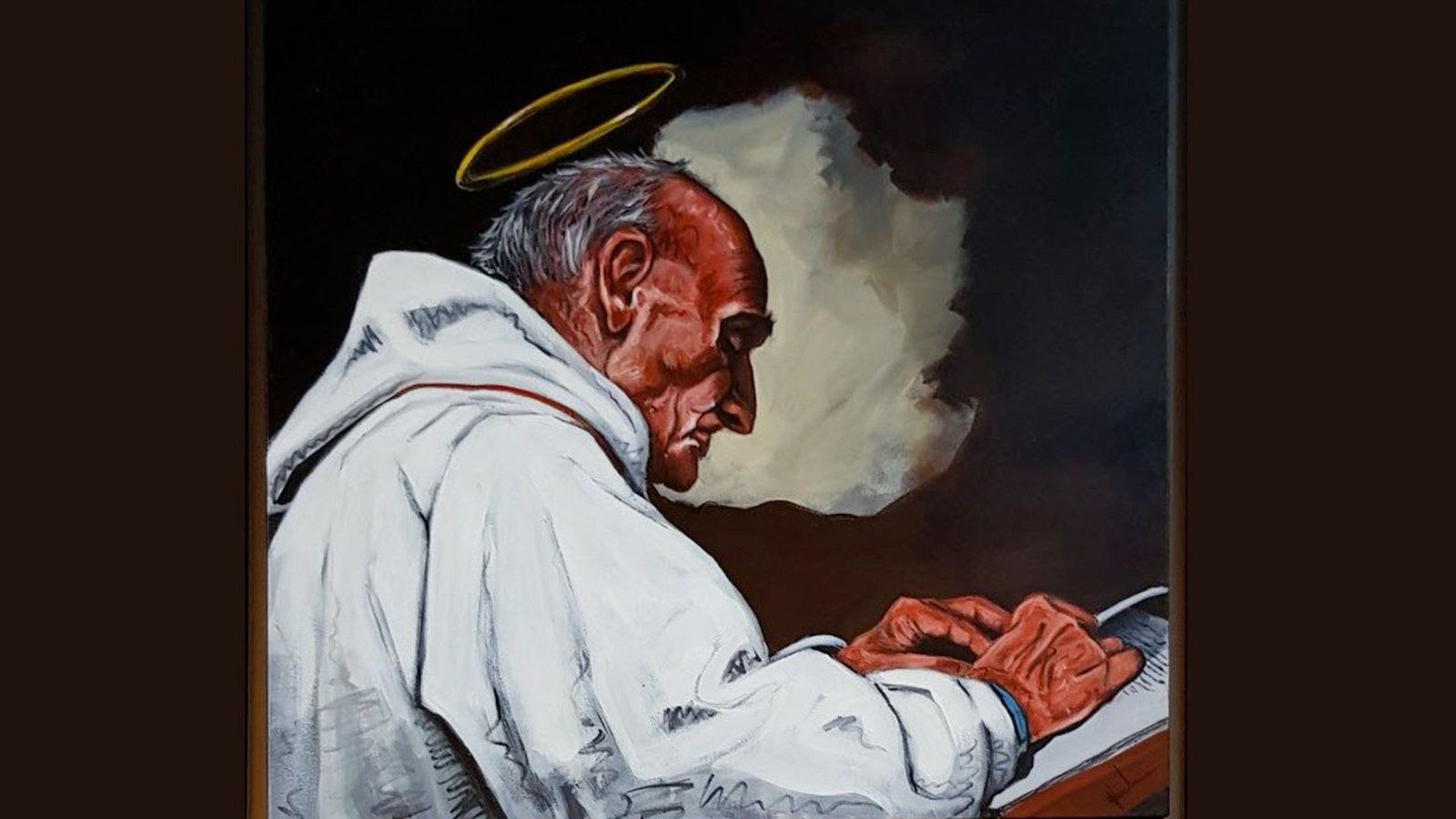 epresentación del padre Jacques Hamel, cuadro de Moubine, pintor musulmán