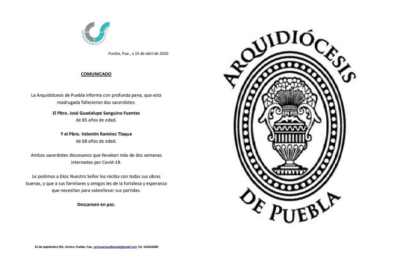 Arquidiócesis de Puebla lamenta primeros casos de sacerdotes víctimas de coronavirus