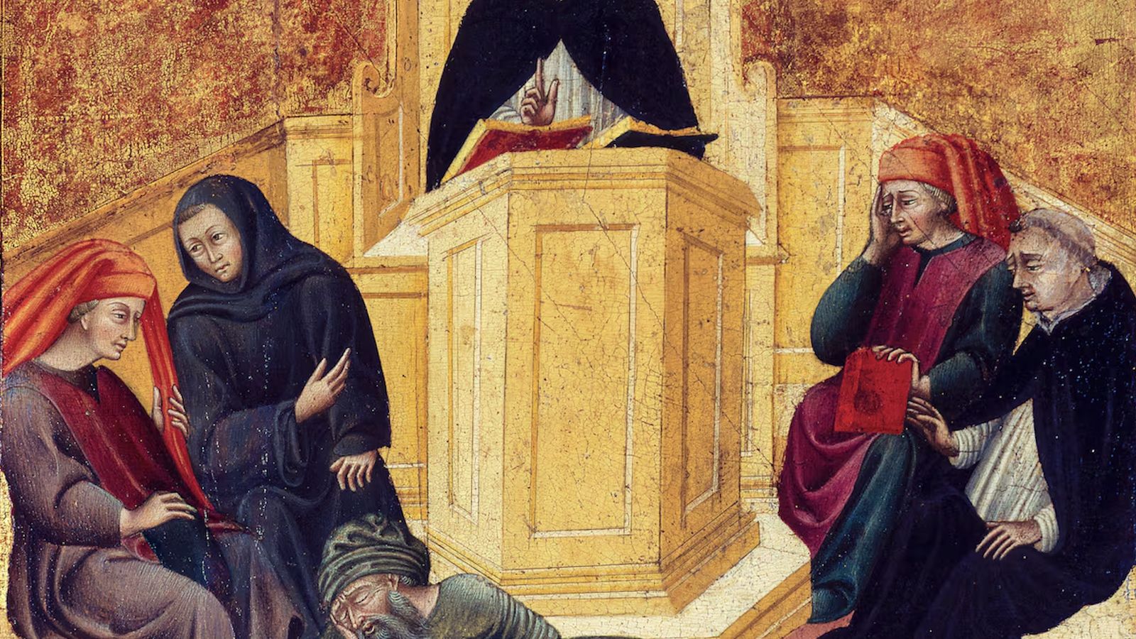 Fragmento de 'Santo Tomás de Aquino confunde a Averroes', en una talla de de Giovanni di Paolo (1445-1450)