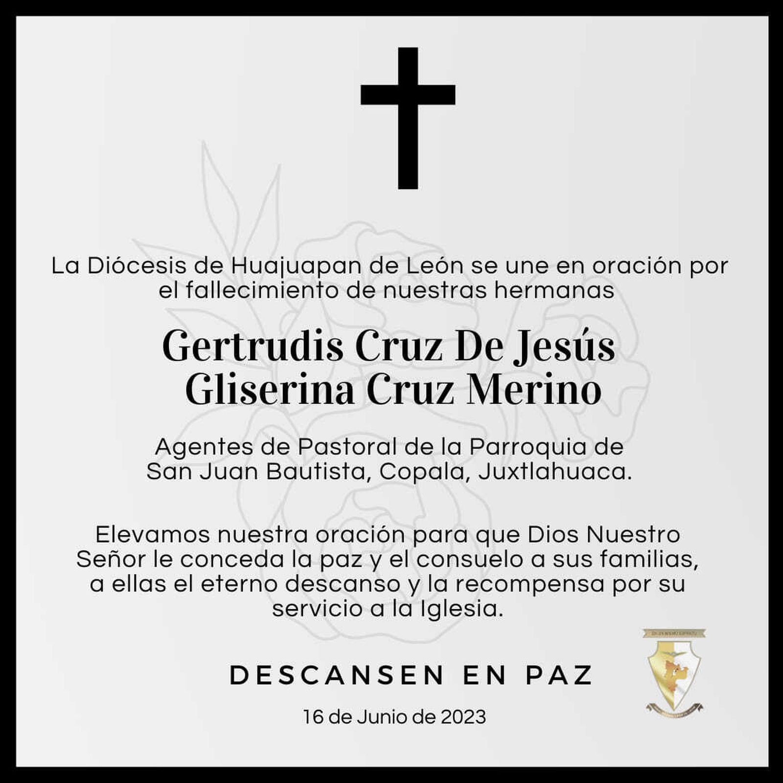 La esquela de las catequistas asesinadas