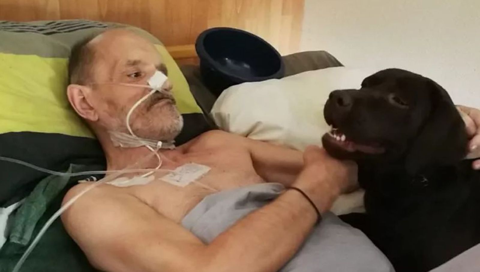 Alain Cocq, postrado en su cama, junto a su perro