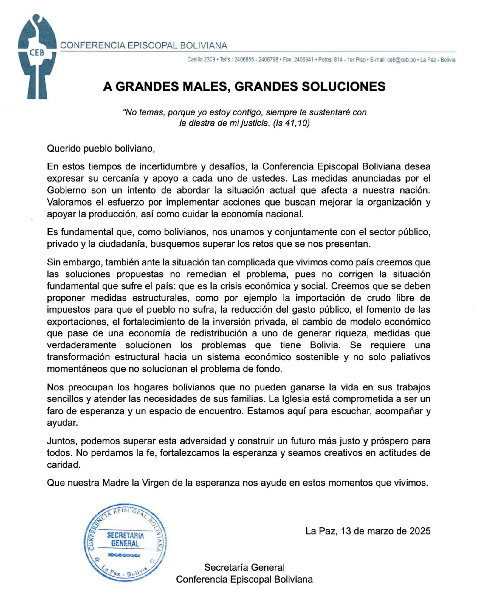 Mensaje obispos de Bolivia