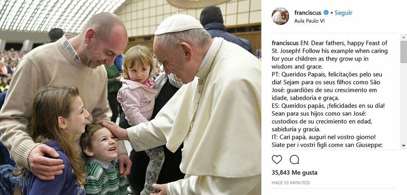Post del Papa en Instagram para el Día de San José