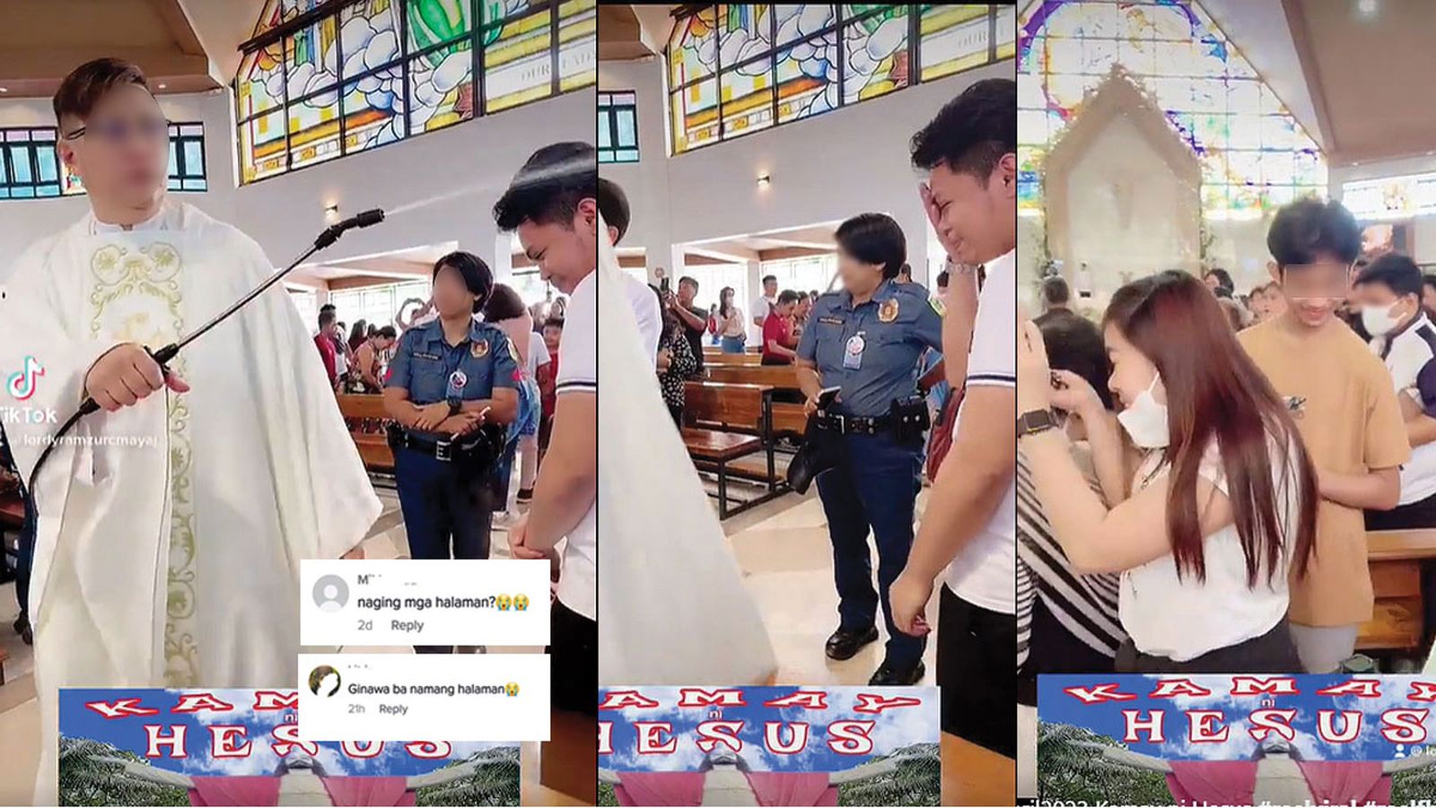 Sacerdote usando un rociador para bendecir las ramos en una parroquia filipina