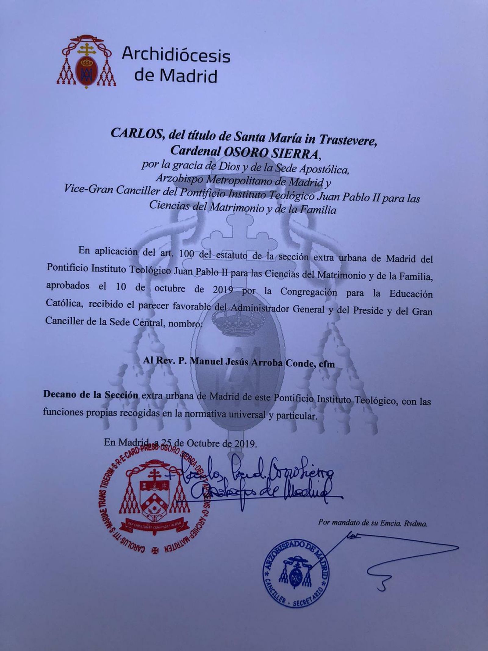 Carta de Osoro nombrando a Manuel Arroba