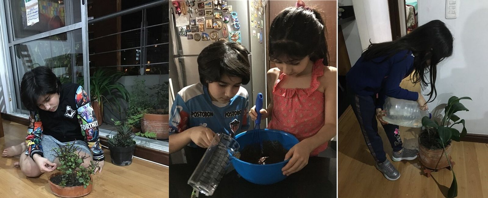 Mateo y Martina cuidan su plantas y cocinan