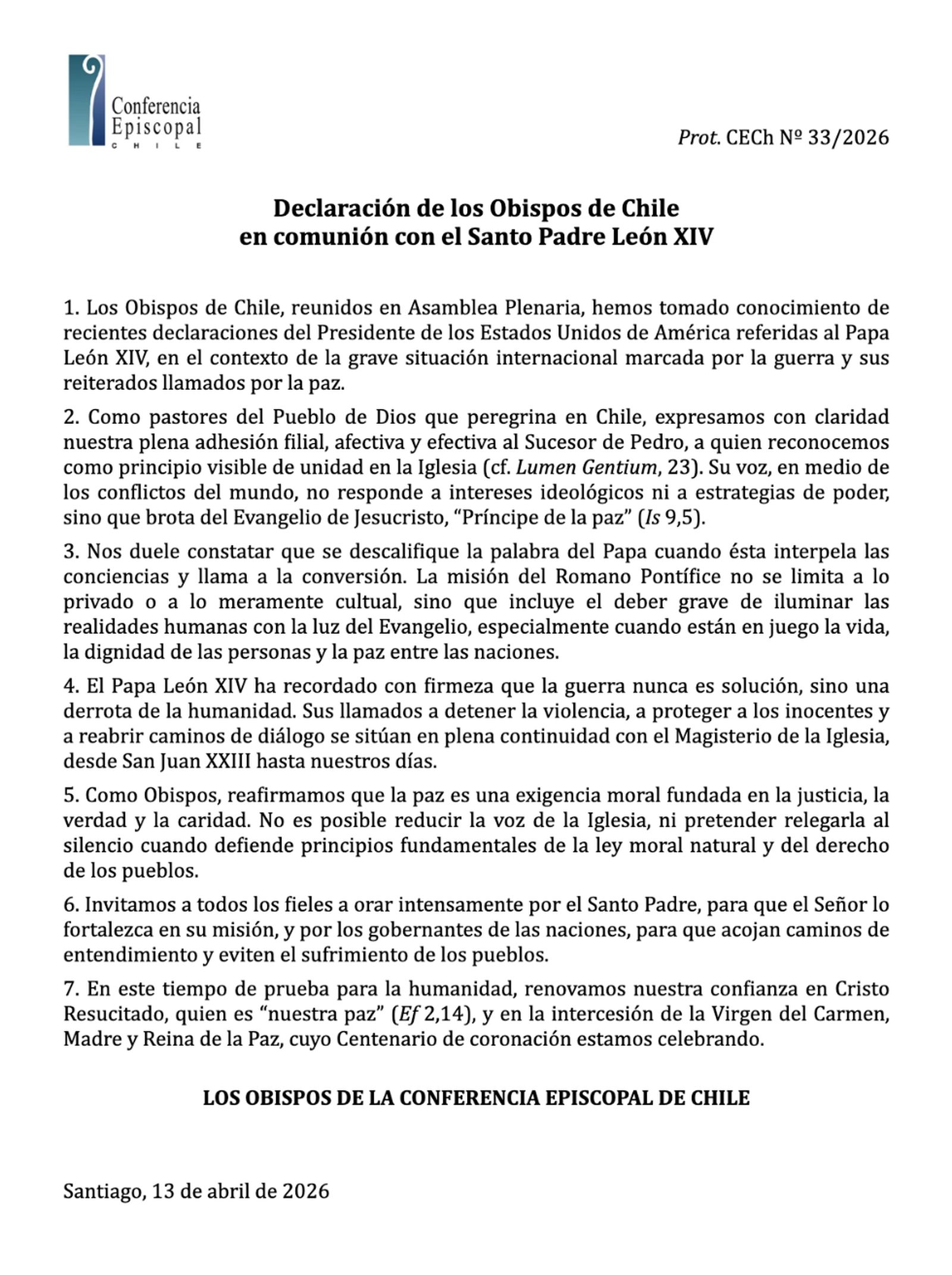 Declaracion de los obispos de Chile