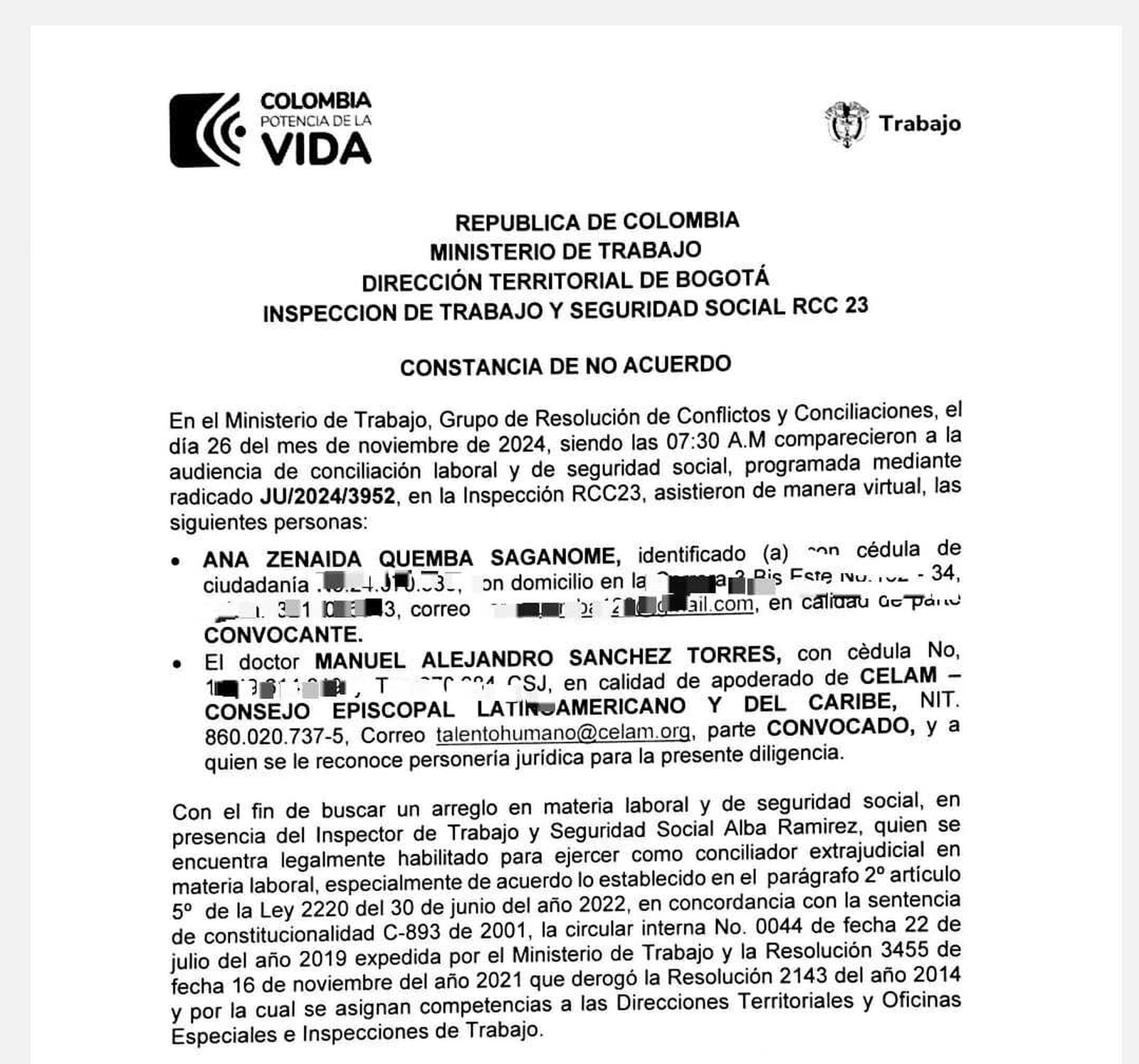 Constancia de no acuerdo - Ministerio del Trabajo