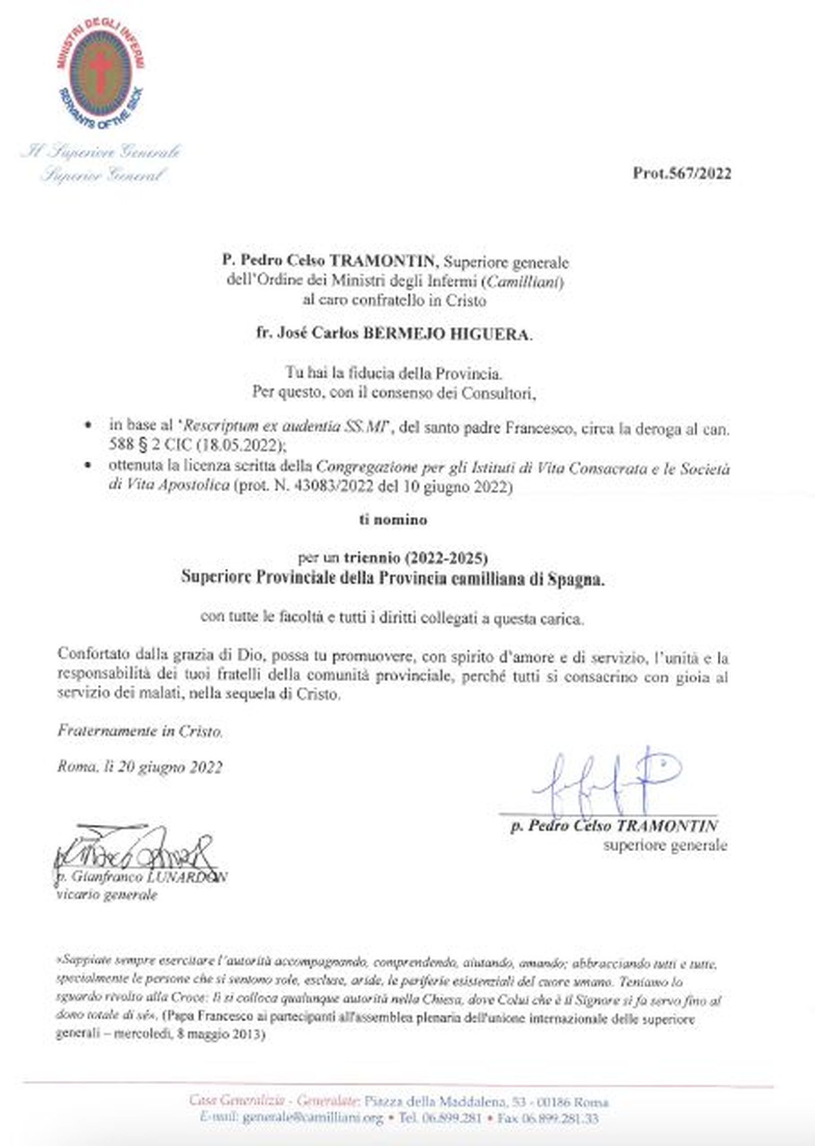Nombramiento de José Carlos Bermejo como superior provincial de los camilos españoles 2022-25