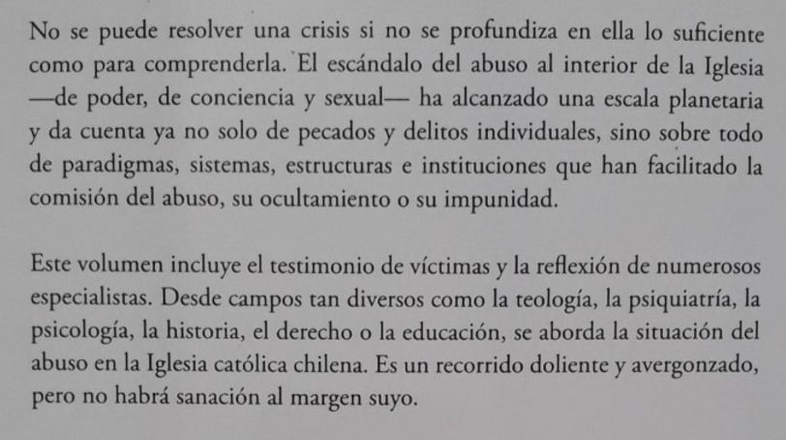 "Vergüenza" en la Iglesia chilena. Contraportada del libro