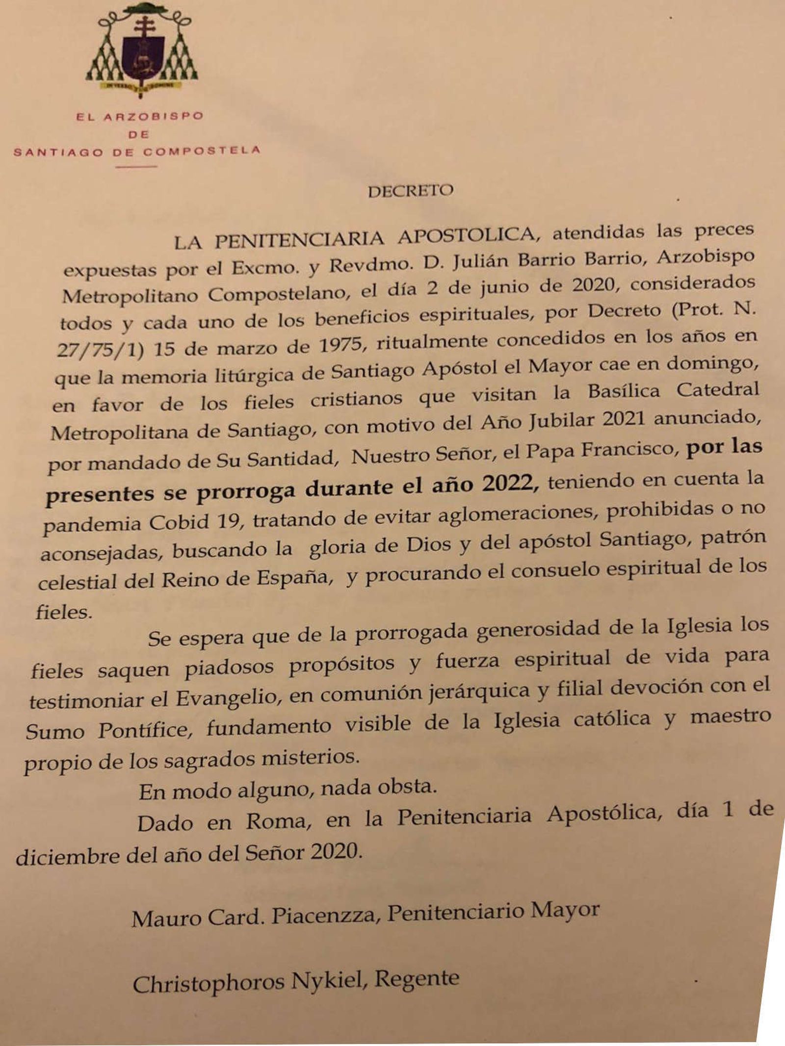 Decreto papal ampliación del año santo