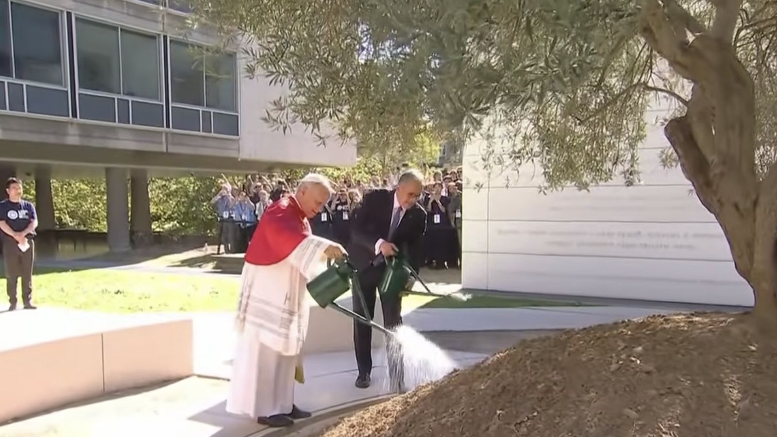 El Papa riega un árbol en la sede de la Unesco
