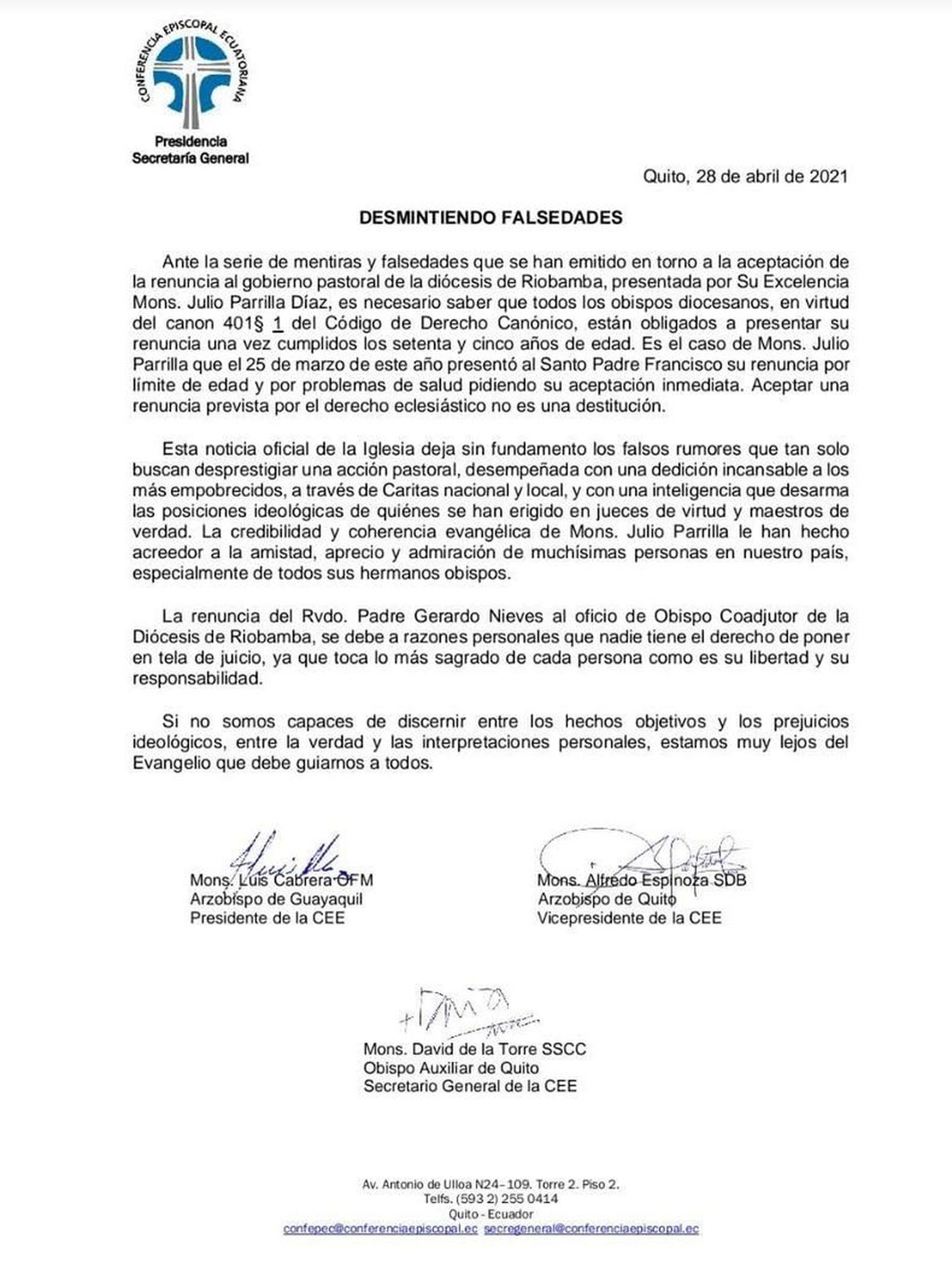 Comunicado de los obispos de Ecuador